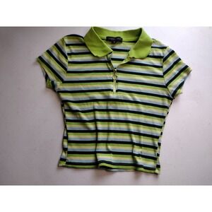 Faded Rose Women Green Striped Ribbed Quarter Zip O-Ring Polo Shirt Medium